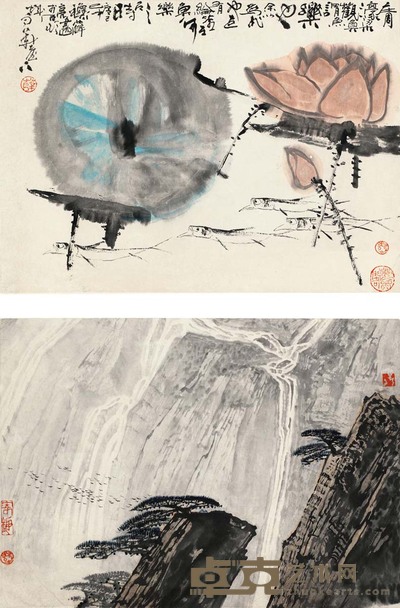 薛亮 1989年作 山上清泉 荷花游鱼 (二帧) 镜心 33×45cm×2