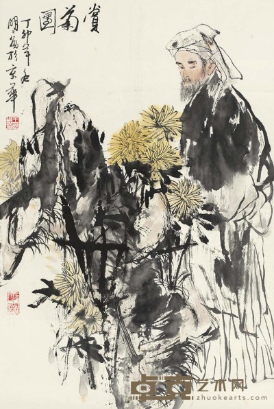王明明 1987年作 赏菊图 镜心 67×44cm