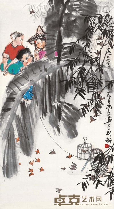 史国良 1979年作 捕雀图 立轴 75×45cm