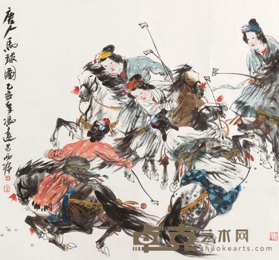 冯远 1995年作 唐人马球图 镜心 68×69cm