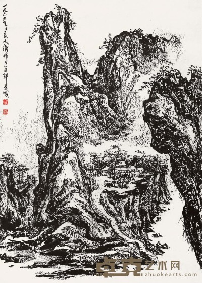 邹雅 1964年作 焦墨山水 镜心 69×48cm