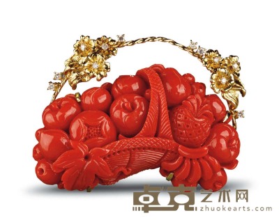 K18红珊瑚雕刻果篮胸花 