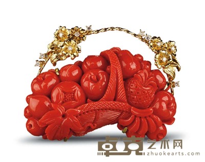 K18红珊瑚雕刻果篮胸花