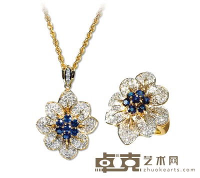蓝宝钻石18K金花形吊坠项链 蓝宝钻石18K金花形戒指