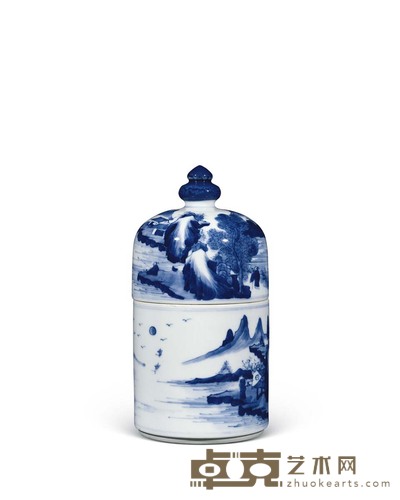 清康熙 青花山水人物盖罐 高21.2cm