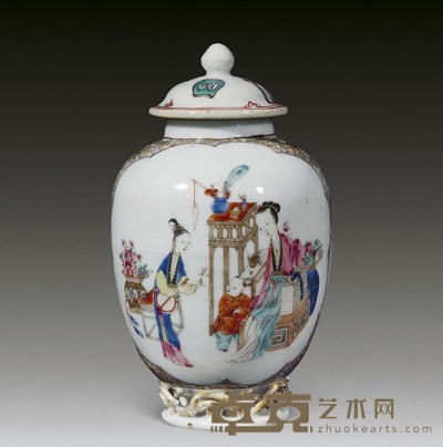 清雍正 粉彩仕女博古纹小罐 高9.5cm