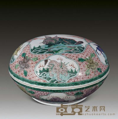 清光绪 五彩开光瑞兽盖盒 直径26.3cm