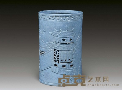 清 炉钧釉瓷塑楼阁笔筒 高10.5cm