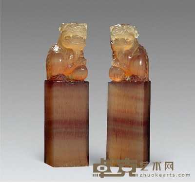 犀角雕狮钮印章 （一对） 高7.5cm×2