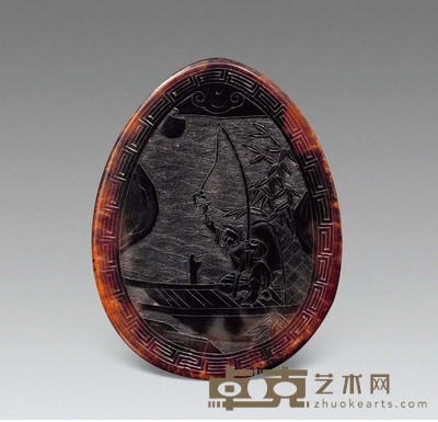 犀角雕渔翁钓鱼牌 长7.5cm