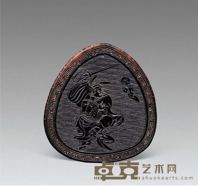 清 犀角雕钟馗赐福纹牌 长6cm