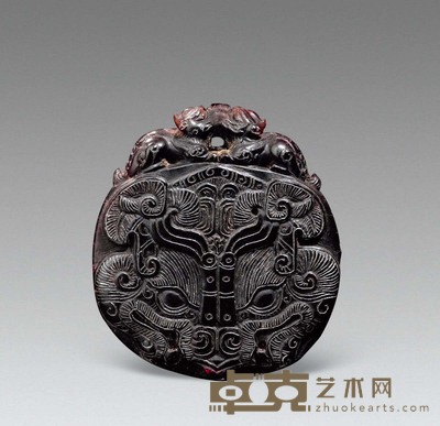 清 犀角雕饕餮纹牌 长5cm
