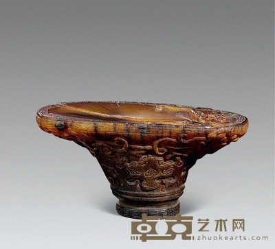 犀角雕螭龙纹杯 长9.5cm