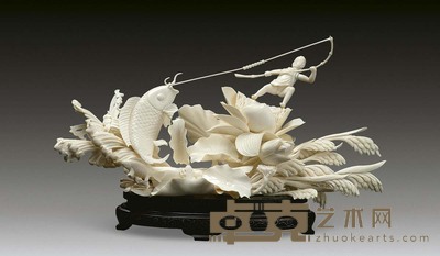 现代 象牙雕童子钓鱼摆件 长48cm