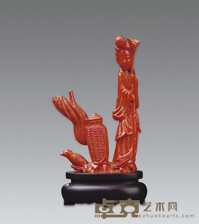 清 红珊瑚雕仕女摆件 高11.5cm