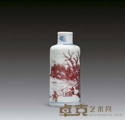 清中期 青花釉里红山水纹鼻烟壶 高6.5cm