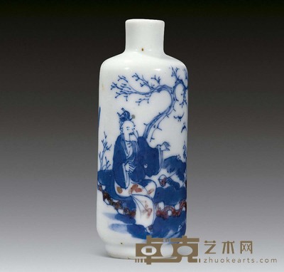 青花釉里红对弈纹鼻烟壶 高8cm