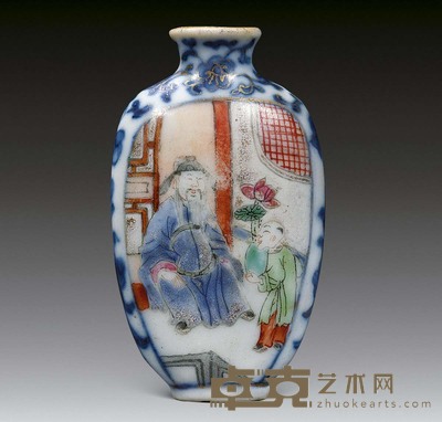 清中期 青花开光粉彩人物纹鼻烟壶 高6.5cm