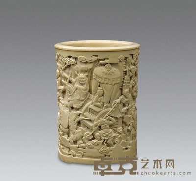 象牙雕钟馗嫁妹纹笔筒 高12.5cm