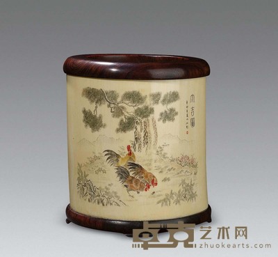 象牙刻填彩大吉图诗文笔筒 高14cm