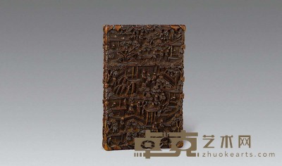 清晚期 檀香木雕楼台人物小方盒 11.5×7.5cm