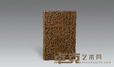 清晚期 檀香木雕楼台人物小方盒 11.5×7.5cm