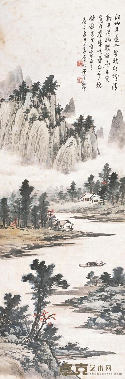 黄君璧 1960年作 江边人家 镜片 88.5×29.5cm