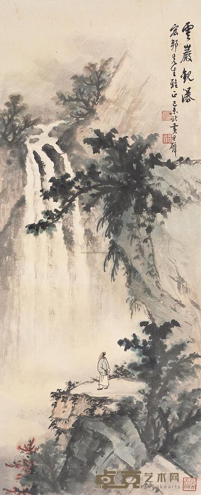 黄君璧 1979年作 云崖观瀑 镜片 91×37cm