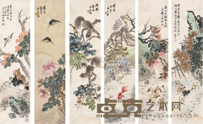 金梦石 1938年作 花鸟 六条屏 104×26cm×6