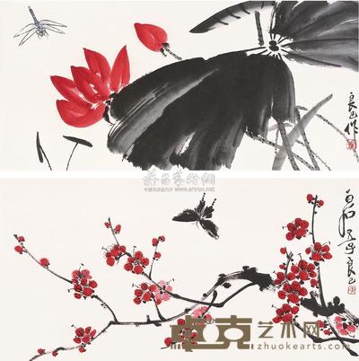 齐良已 梅蝶图 镜片 35×69cm；32×68cm