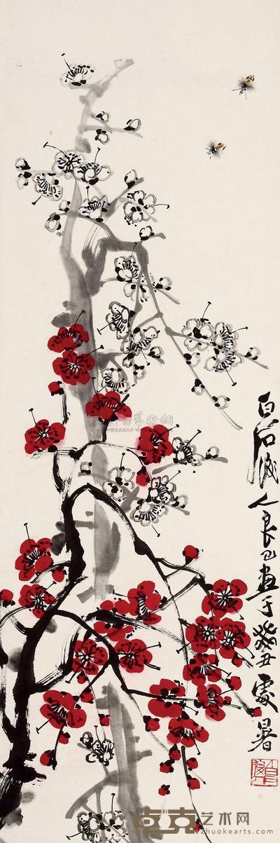 齐良已 1973年作 梅花蜜蜂 立轴 101×33cm