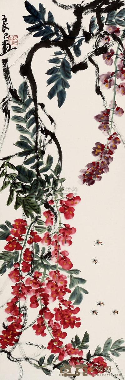 齐良已 紫藤蜜蜂 立轴 104×34cm