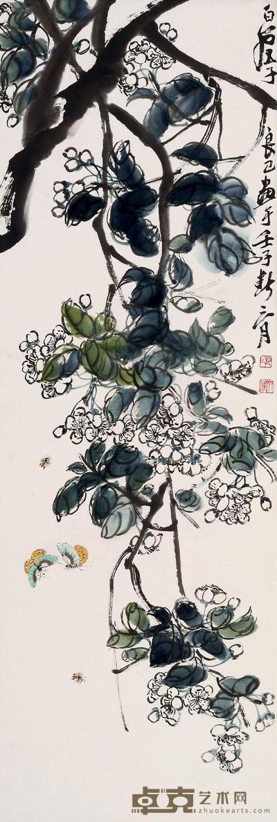 齐良已 1972年作 花卉飞蝶 立轴 104×34cm