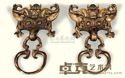 清 铜鎏金兽面门环 （二件） 长21cm