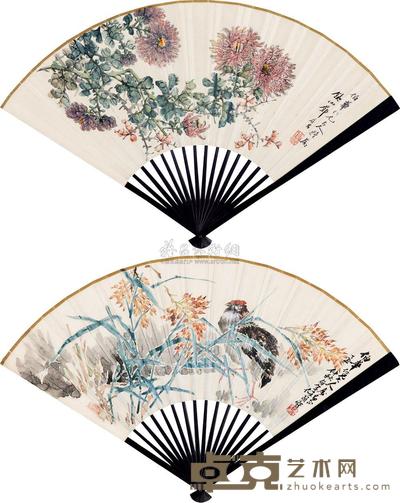 任颐 邓启昌 1877年作 花鸟 成扇 18×50cm×2