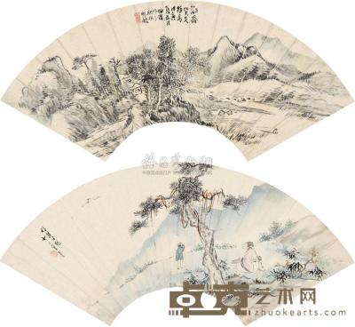 王素 吴滔 1878年作 人物 山水 （两帧） 镜框 19×52cm；18×52cm