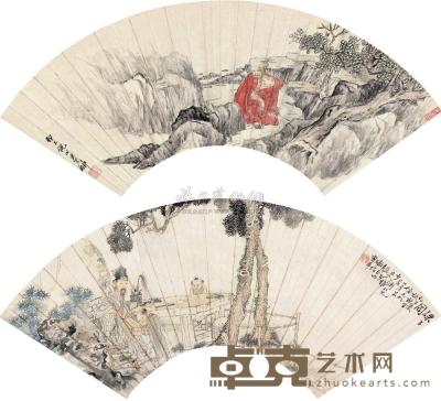 倪田 曹华 1876年作 红衣罗汉 课子图 镜框 17×50cm；18×52cm
