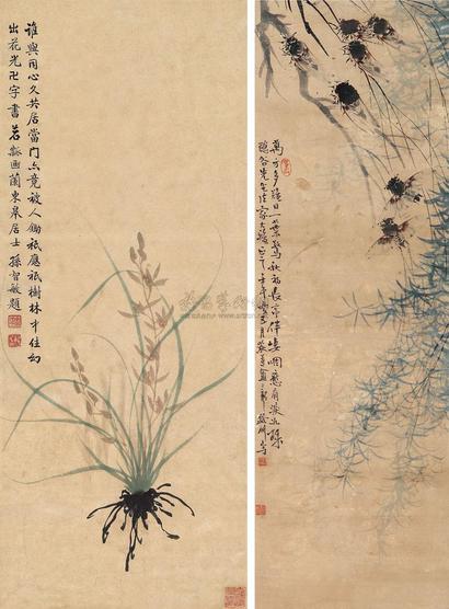 若瓢 蔡鹤洲 1942年作 兰 花鸟 镜框