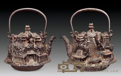 昭和 山水楼阁纹饰浮雕铁壶 24×20cm