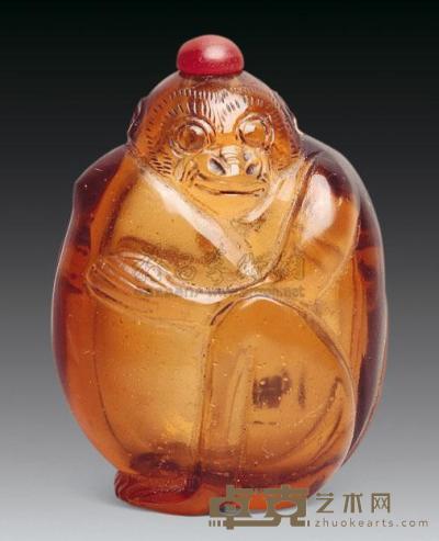 清代 茶色料雕猴形鼻烟壶 连盖高6.3cm