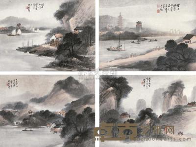 吴石僊 壬寅（1902年）作 山水 （四帧） 镜片 32×43.5cm×4