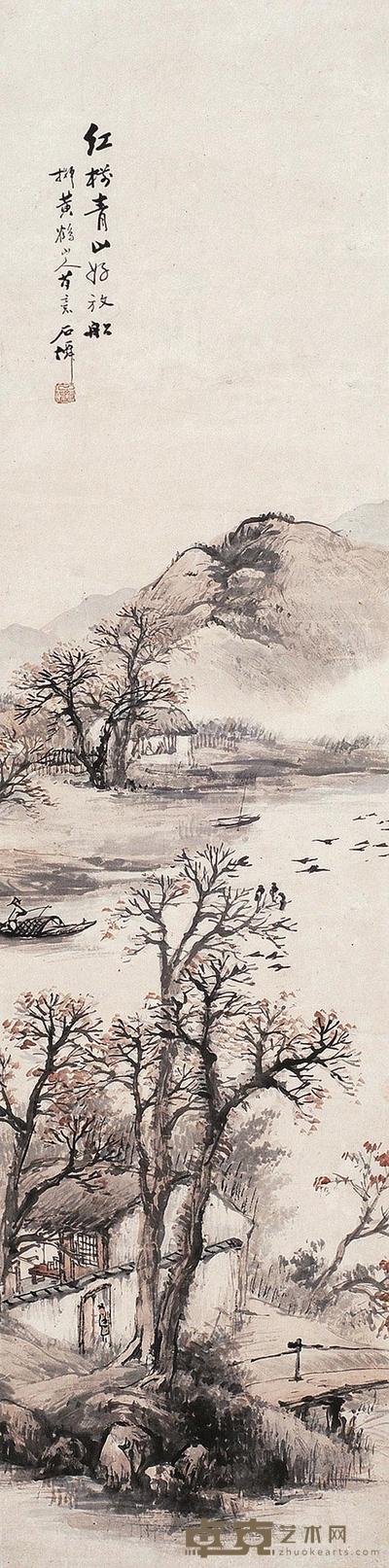吴石僊 红椾青山好放船 立轴 132×33cm