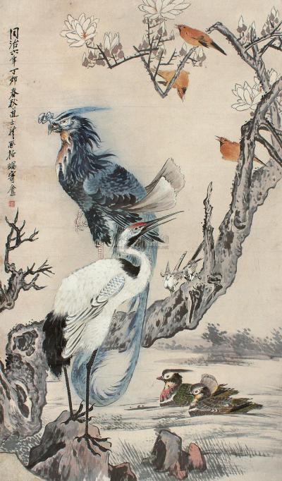 王礼 丁卯（1867年）作 花鸟 立轴