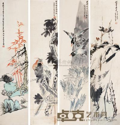 任伯年 甲申(1884年)作 花鸟 四屏 134.5×32.5cm×4