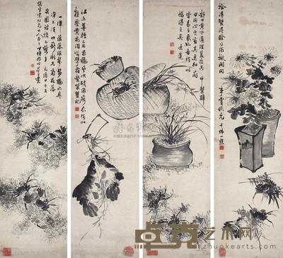 周少传 甲午(1894年)作 菊蟹 四屏 145×38cm×4