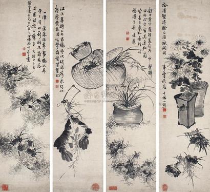 周少传 甲午（1894年）作　 菊蟹 四屏