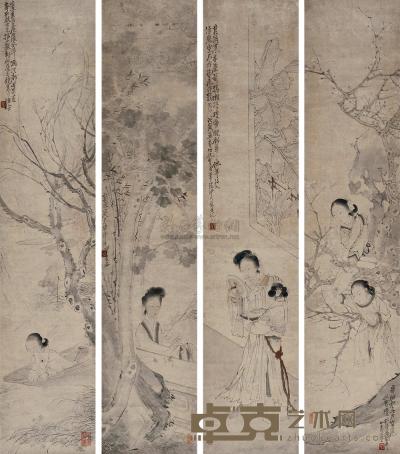 沙馥 戊寅（1878年）作 人物 四屏 101×21.5cm×4