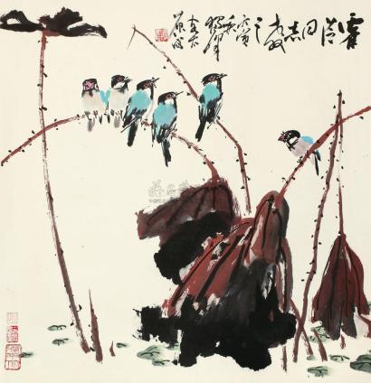 黄独峰 丙寅（1986年）作 荷花小鸟 立轴
