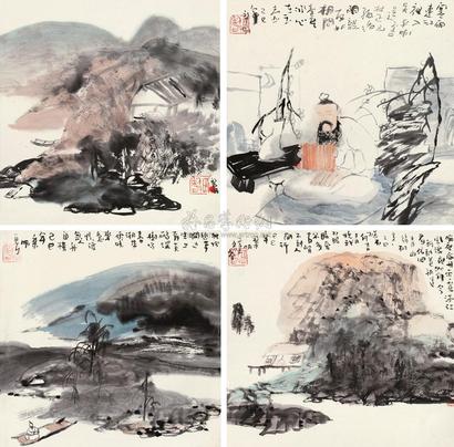 田黎明 己巳（1989年）作 山水小品 （四帧） 镜心