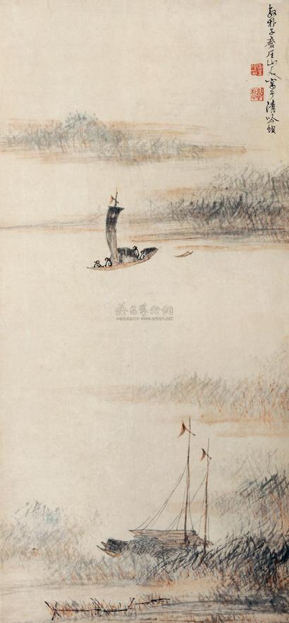 陈率祖 风雨归舟图 立轴